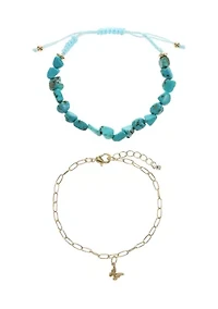 Gold Tone Chain and Turquoise Bead Bracelet Duo