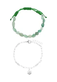 Silver Tone Chain and Aventurine Bead Bracelet Duo
