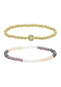 Gold Tone and Multi Beaded Bracelet Duo with Enamel K Initial Charm