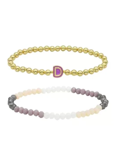 Gold Tone and Multi Beaded Bracelet Duo with Enamel K Initial Charm