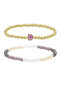 Gold Tone and Multi Beaded Bracelet Duo with Enamel K Initial Charm