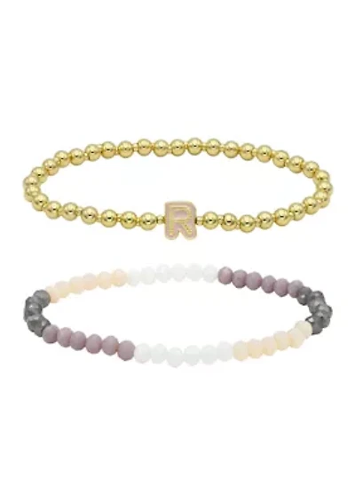 Gold Tone and Multi Beaded Bracelet Duo with Enamel K Initial Charm