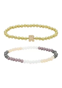 Gold Tone and Multi Beaded Bracelet Duo with Enamel K Initial Charm