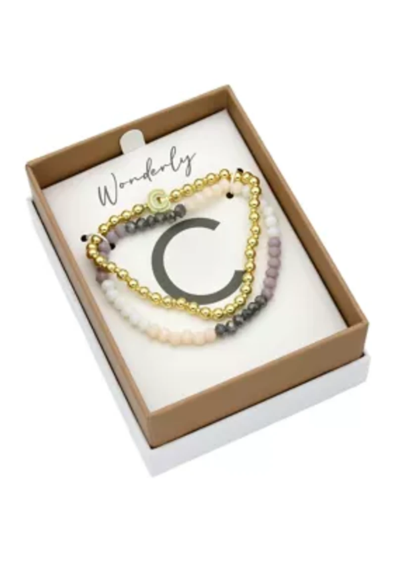 Gold Tone and Multi Beaded Bracelet Duo with Enamel K Initial Charm