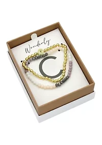 Gold Tone and Multi Beaded Bracelet Duo with Enamel K Initial Charm