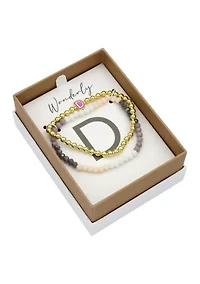 Gold Tone and Multi Beaded Bracelet Duo with Enamel K Initial Charm