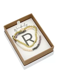 Gold Tone and Multi Beaded Bracelet Duo with Enamel K Initial Charm