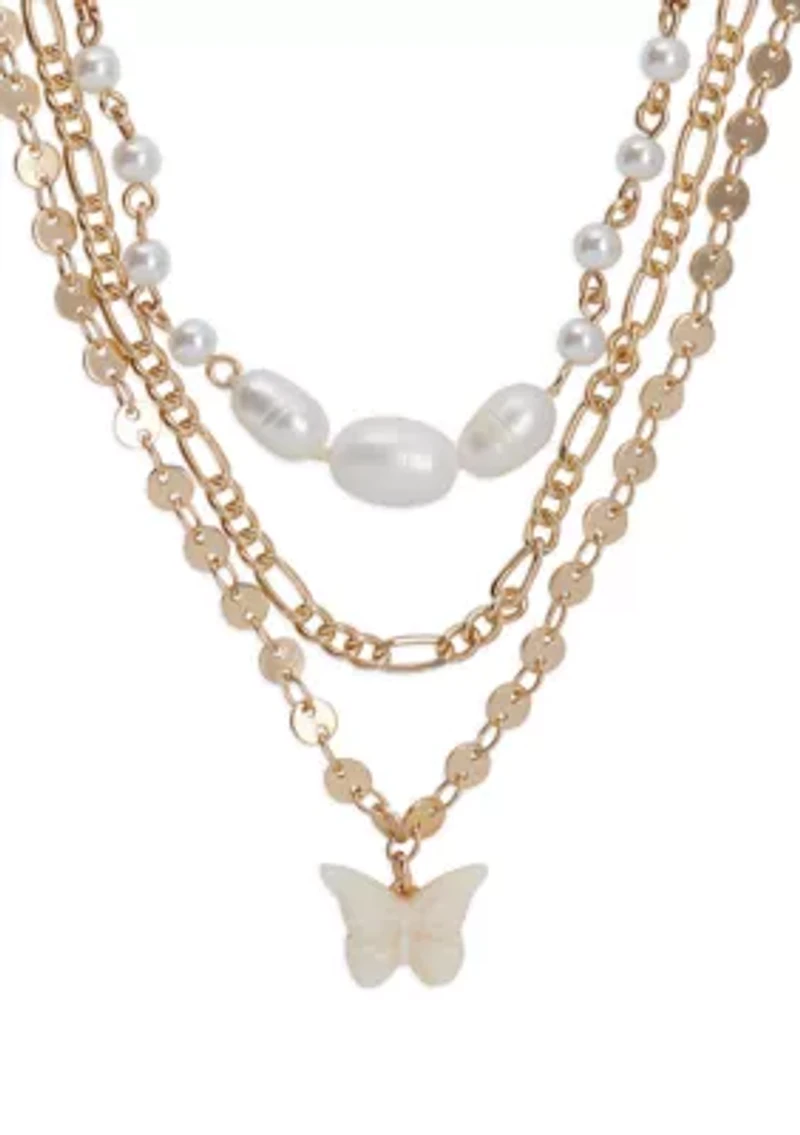Pearl Layer Etched Butterfly Necklace