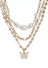 Pearl Layer Etched Butterfly Necklace