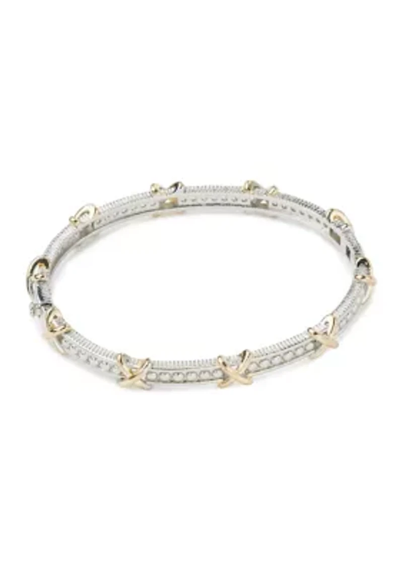 Two Tone Plated CZ X Bangle Bracelet