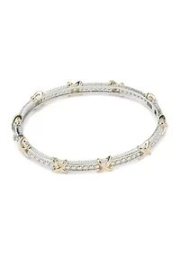 Two Tone Plated CZ X Bangle Bracelet