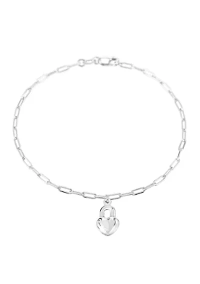 Silver Plated Heart Charm Paperclip Bracelet