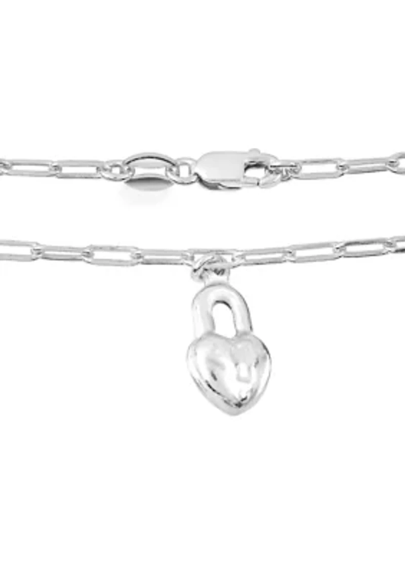 Silver Plated Heart Charm Paperclip Bracelet