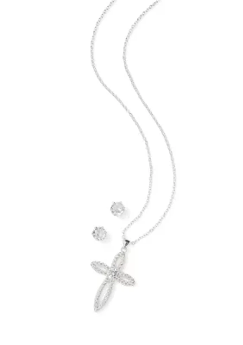 Silver Tone Cross Pendant Necklace and Earrings Set