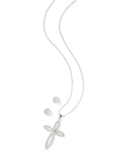 Silver Tone Cross Pendant Necklace and Earrings Set