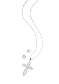 Silver Tone Cross Pendant Necklace and Earrings Set