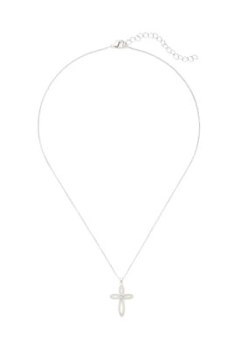 Silver Tone Cross Pendant Necklace and Earrings Set