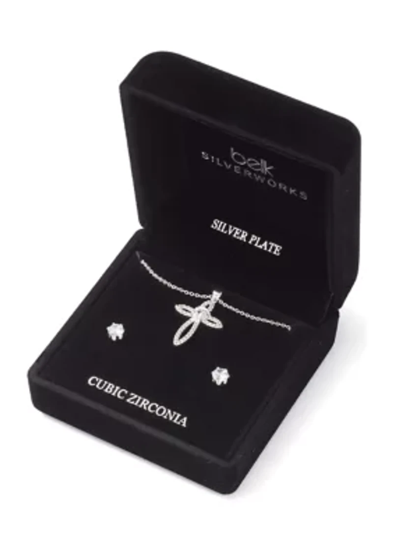 Silver Tone Cross Pendant Necklace and Earrings Set