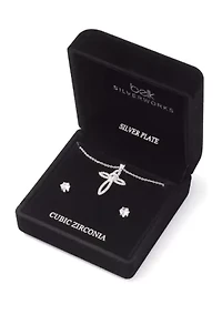 Silver Tone Cross Pendant Necklace and Earrings Set