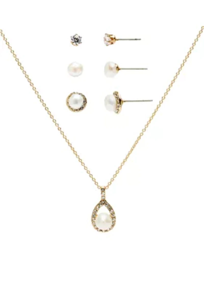 Gold Plated Pearl Pendant Necklace and Stud Set