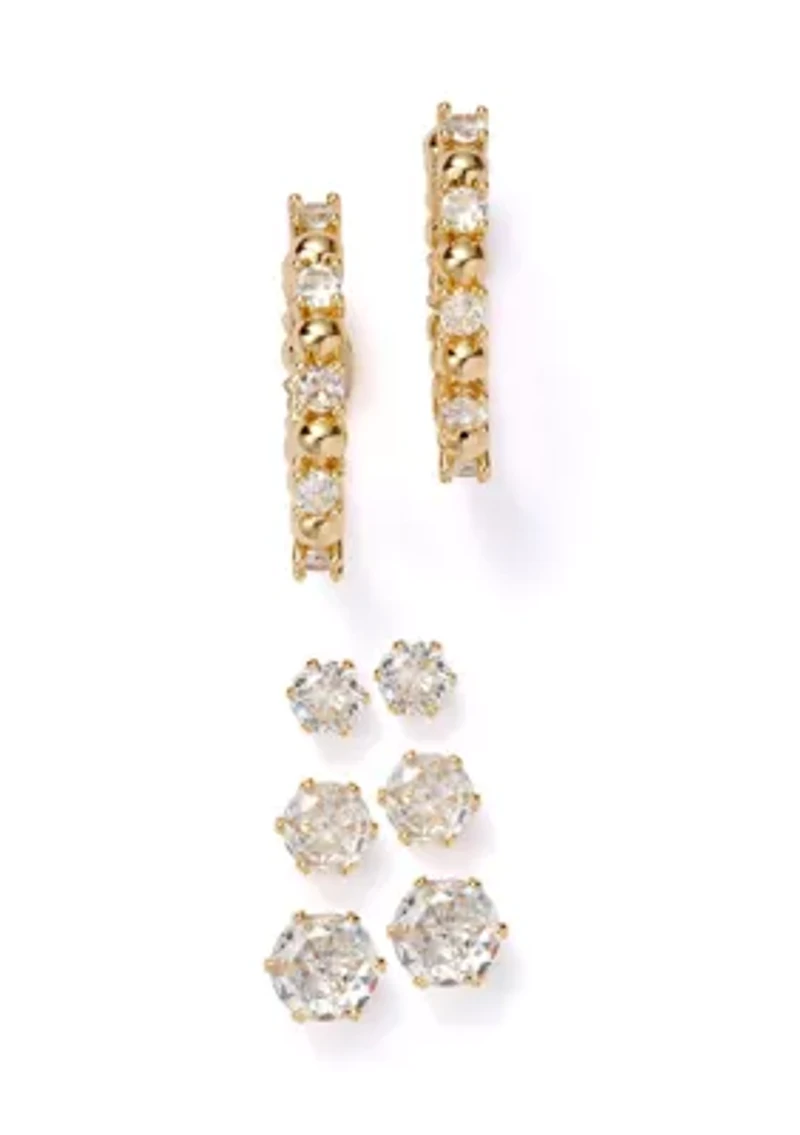 Gold Over Silver Plated Cubic Zirconia Hoop and Stud Earrings Set