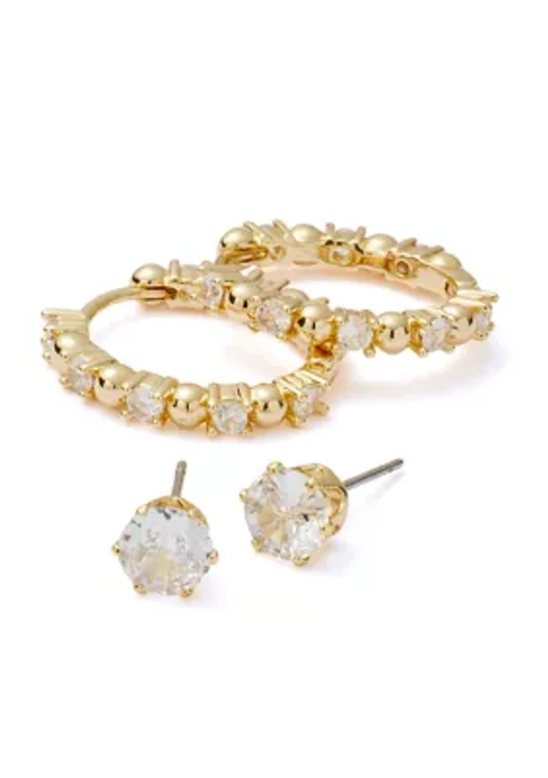 Gold Over Silver Plated Cubic Zirconia Hoop and Stud Earrings Set