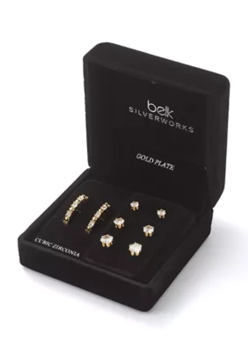Gold Over Silver Plated Cubic Zirconia Hoop and Stud Earrings Set