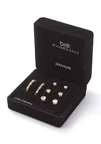 Gold Over Silver Plated Cubic Zirconia Hoop and Stud Earrings Set