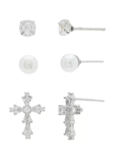 Sterling Silver Cross Stud Earring Set