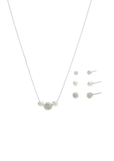 Cubic Zirconia Pearl Silver Necklace and Earrings Set