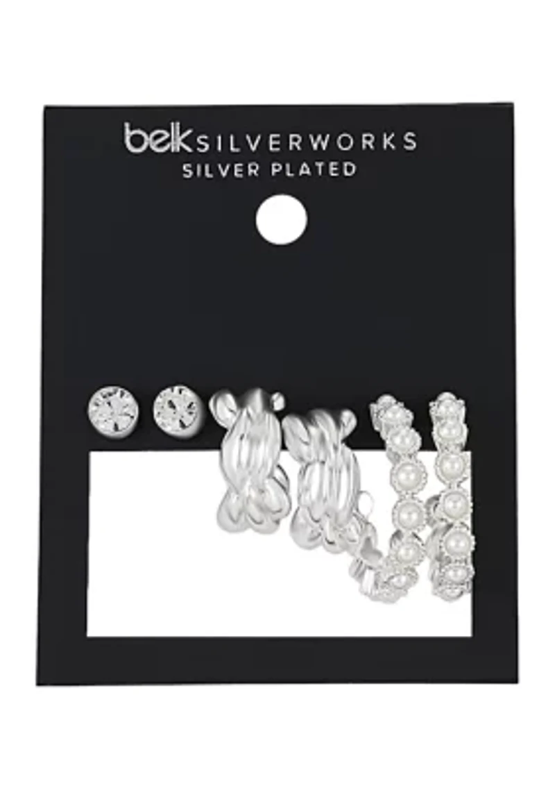 Silver Plated 3 Piece Hoop and Stud Earring Set