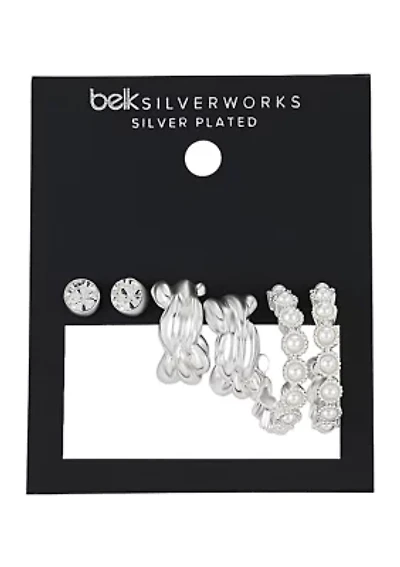 Silver Plated 3 Piece Hoop and Stud Earring Set