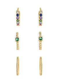 Gold Plated Emerald 3 Piece Hoop Earring Set