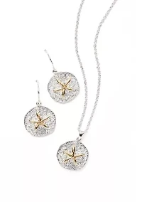 Two Tone Sand Dollar Necklace and Drop Earrings Set
