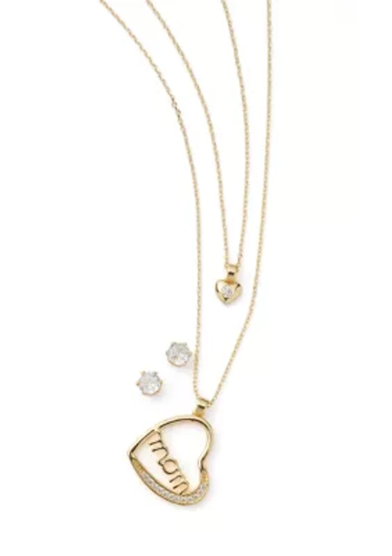 Gold Plated Mom Heart Pendant Necklace and Earrings Set