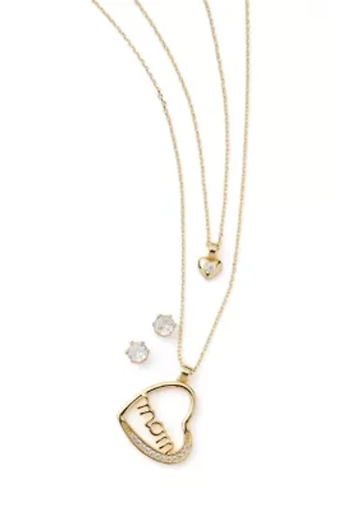 Gold Plated Mom Heart Pendant Necklace and Earrings Set