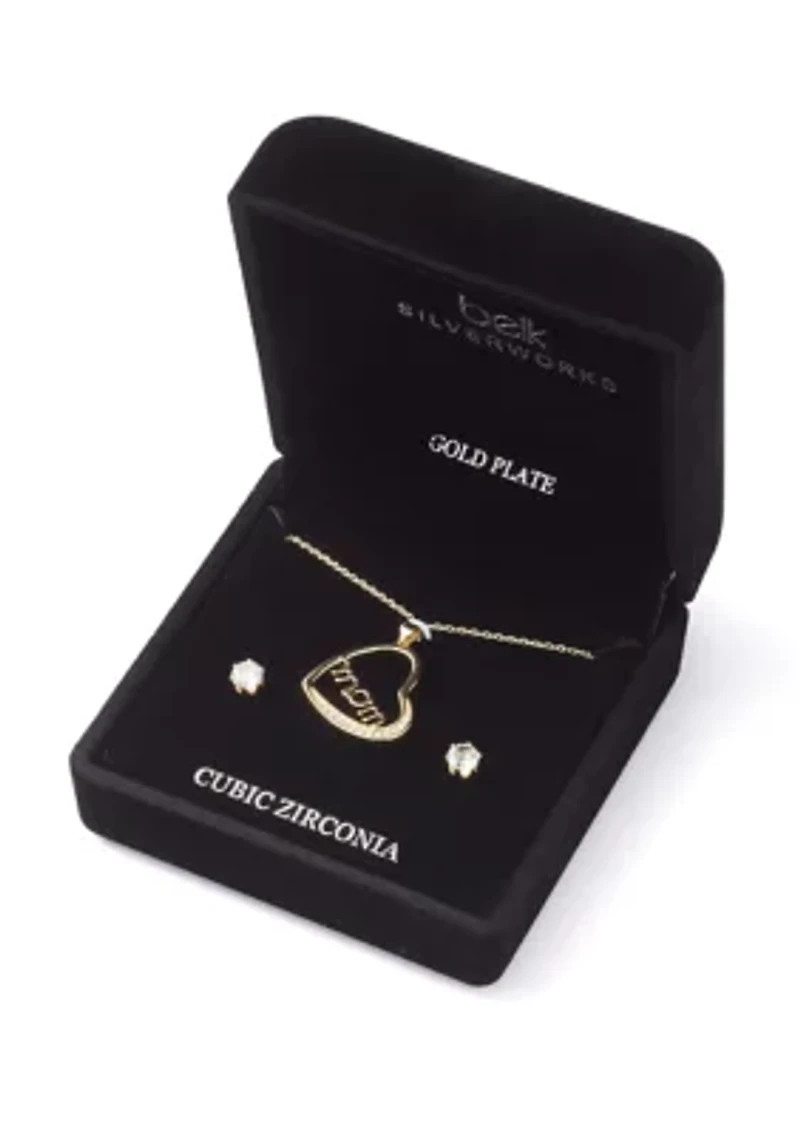 Gold Plated Mom Heart Pendant Necklace and Earrings Set