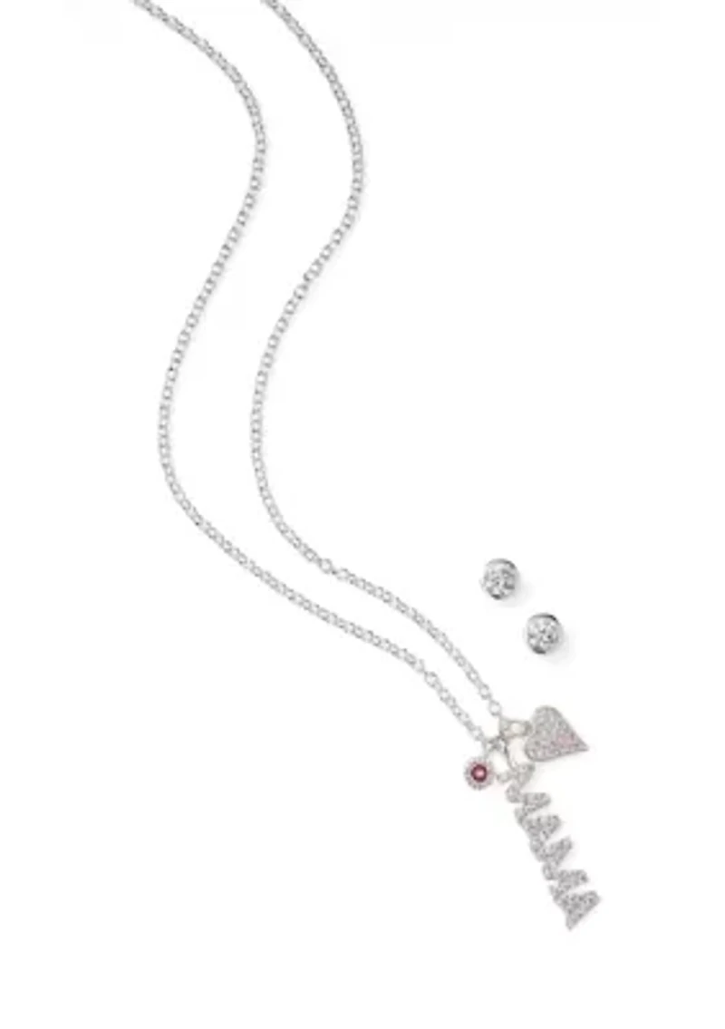 Silver Plated Mama Heart Charm Necklace and Earrings Set