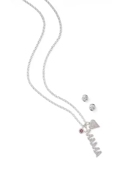 Silver Plated Mama Heart Charm Necklace and Earrings Set