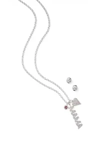 Silver Plated Mama Heart Charm Necklace and Earrings Set
