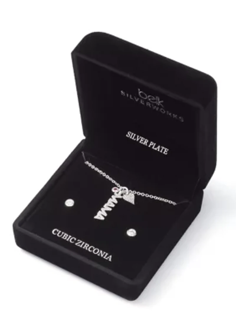 Silver Plated Mama Heart Charm Necklace and Earrings Set