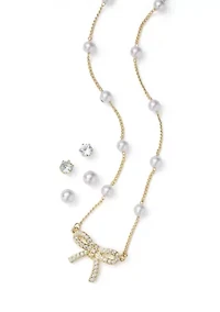 Gold Plated Pearl Cubic Zirconia Station Bow Pendant Necklace and Earrings Set