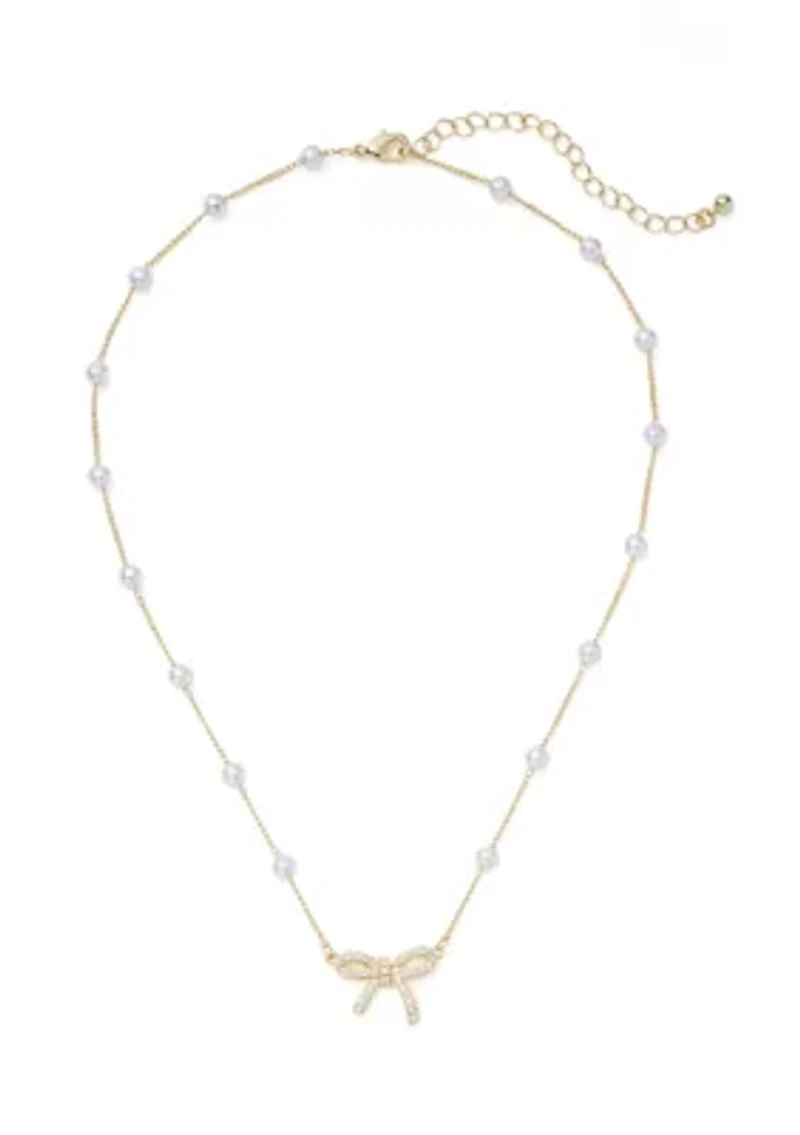 Gold Plated Pearl Cubic Zirconia Station Bow Pendant Necklace and Earrings Set