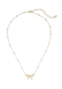 Gold Plated Pearl Cubic Zirconia Station Bow Pendant Necklace and Earrings Set