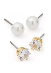 Gold Plated Pearl Cubic Zirconia Station Bow Pendant Necklace and Earrings Set