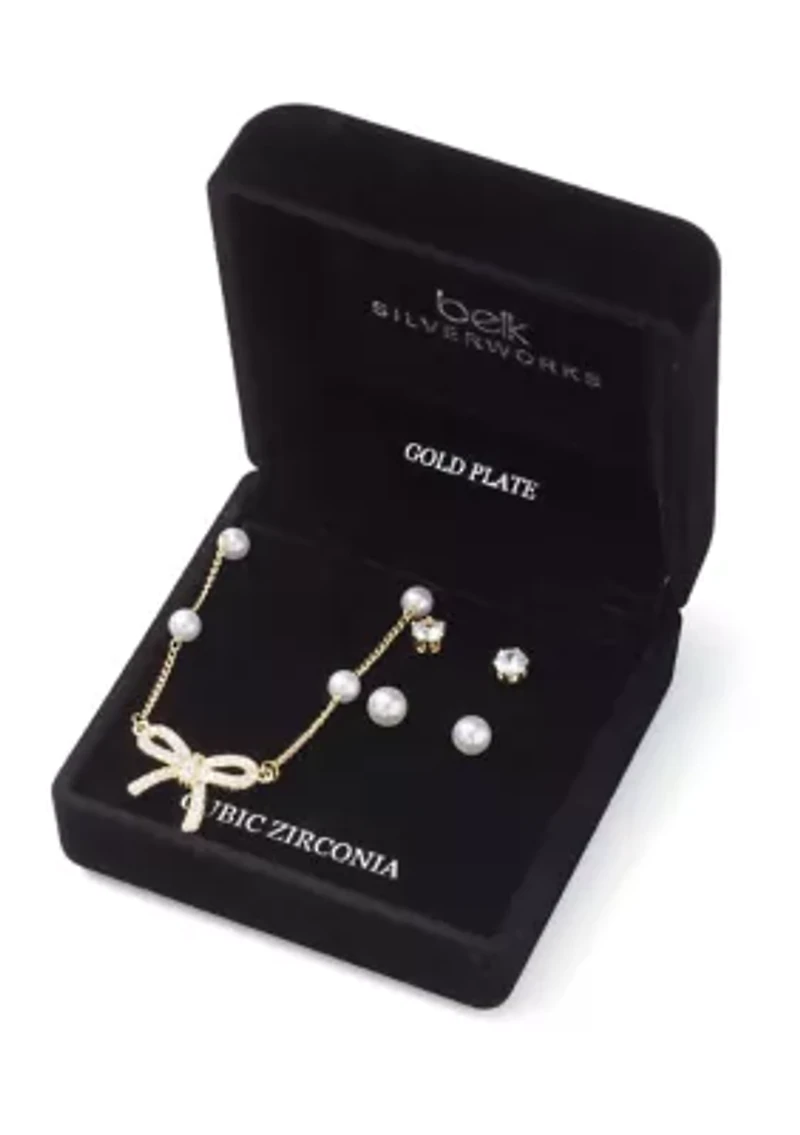 Gold Plated Pearl Cubic Zirconia Station Bow Pendant Necklace and Earrings Set
