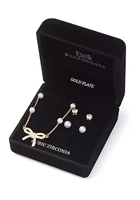 Gold Plated Pearl Cubic Zirconia Station Bow Pendant Necklace and Earrings Set