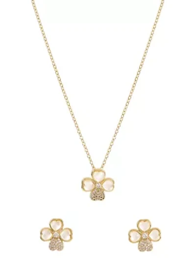 Lab Grown Gold Plated Cubic Zirconia and Mother of Pearl Clover Pendant and Earrings Set