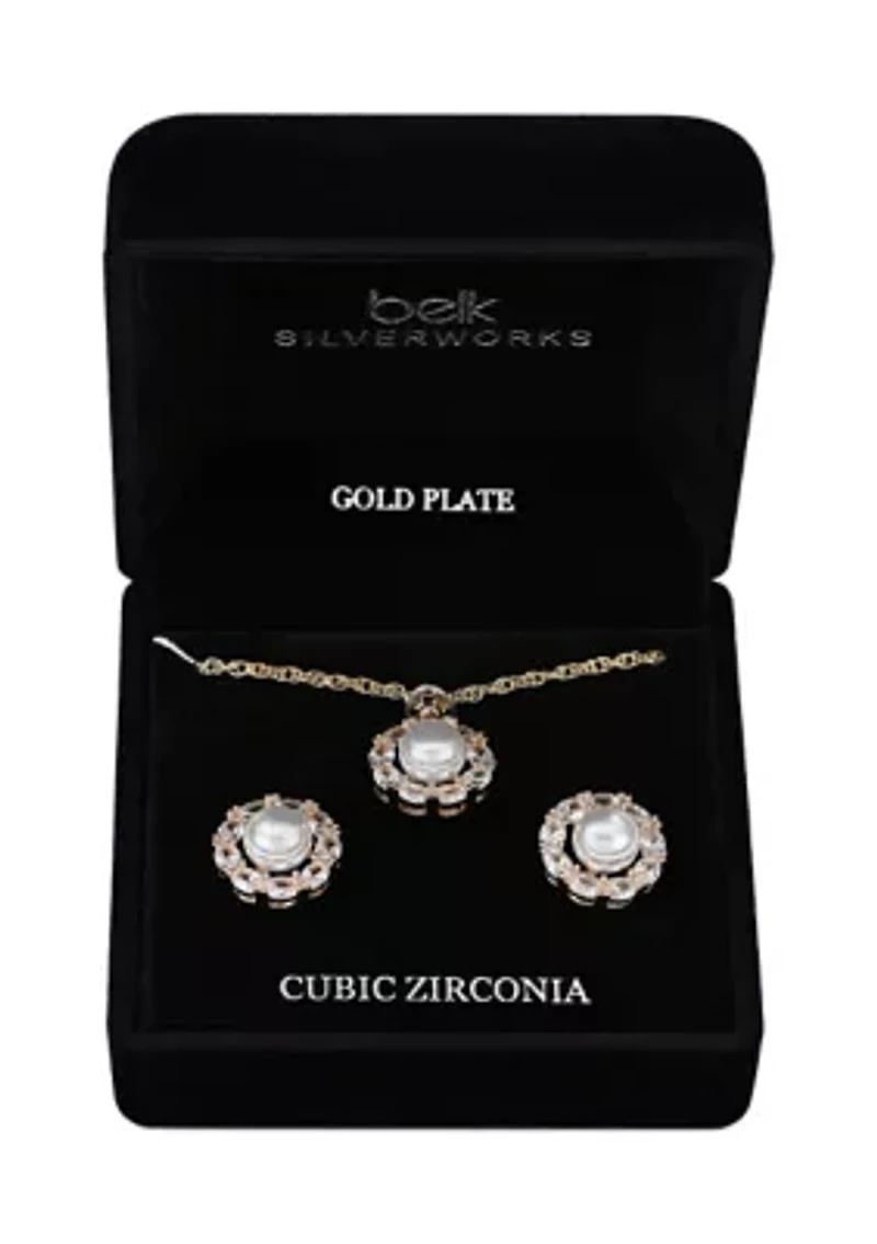 Lab Grown Gold Plated Gold Pearl Necklace and Earrings Set