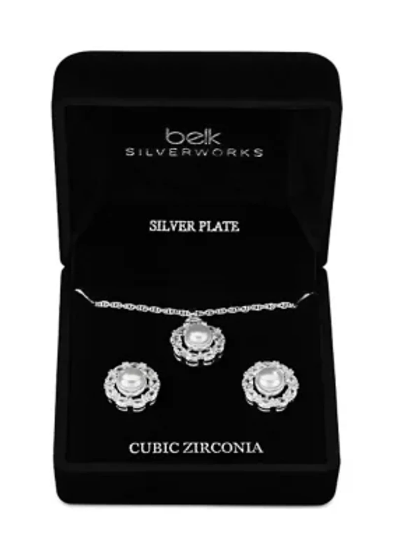 Lab Grown Silver Plated Pearl Necklace and Earrings Set